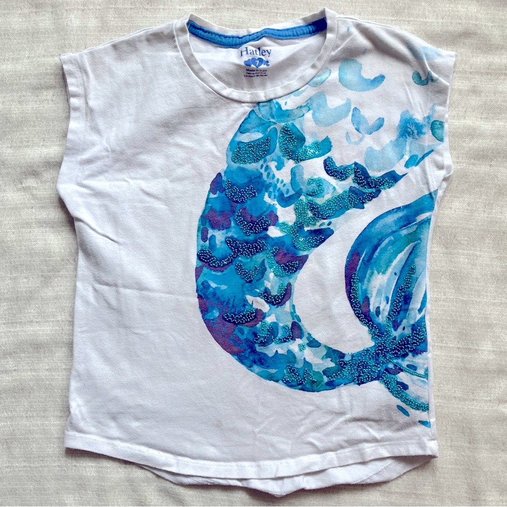Hatley Mermaid Tail Sequin Graphic Tee Girls Size 7 Blue White Ocean Shirt